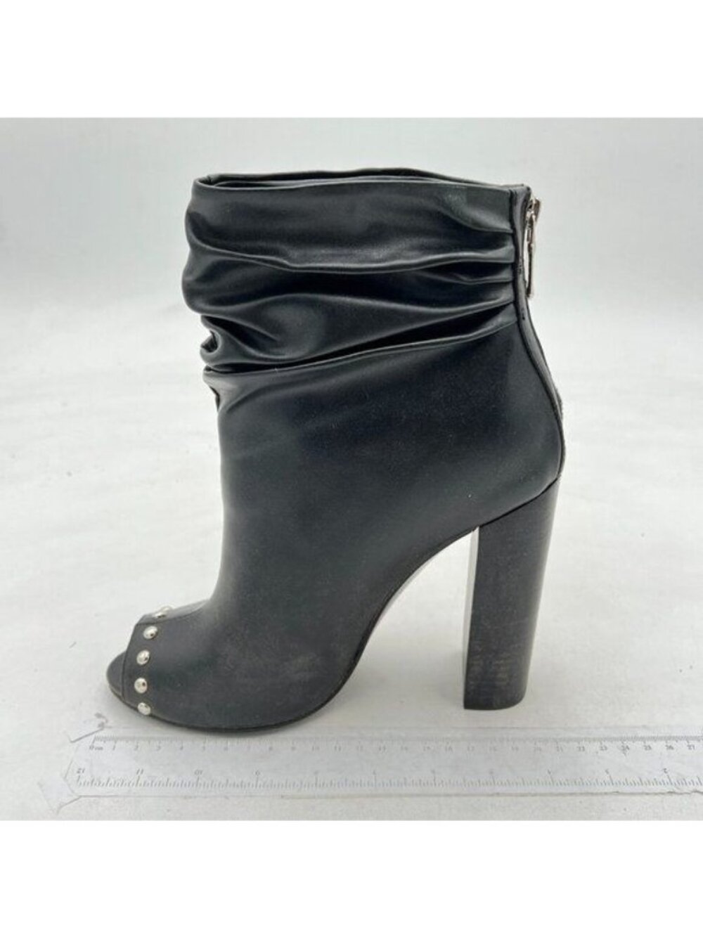 Women Stylish Peep Toe Slouch Ankle Boots Chunky Stacked Heels Party Prom Black